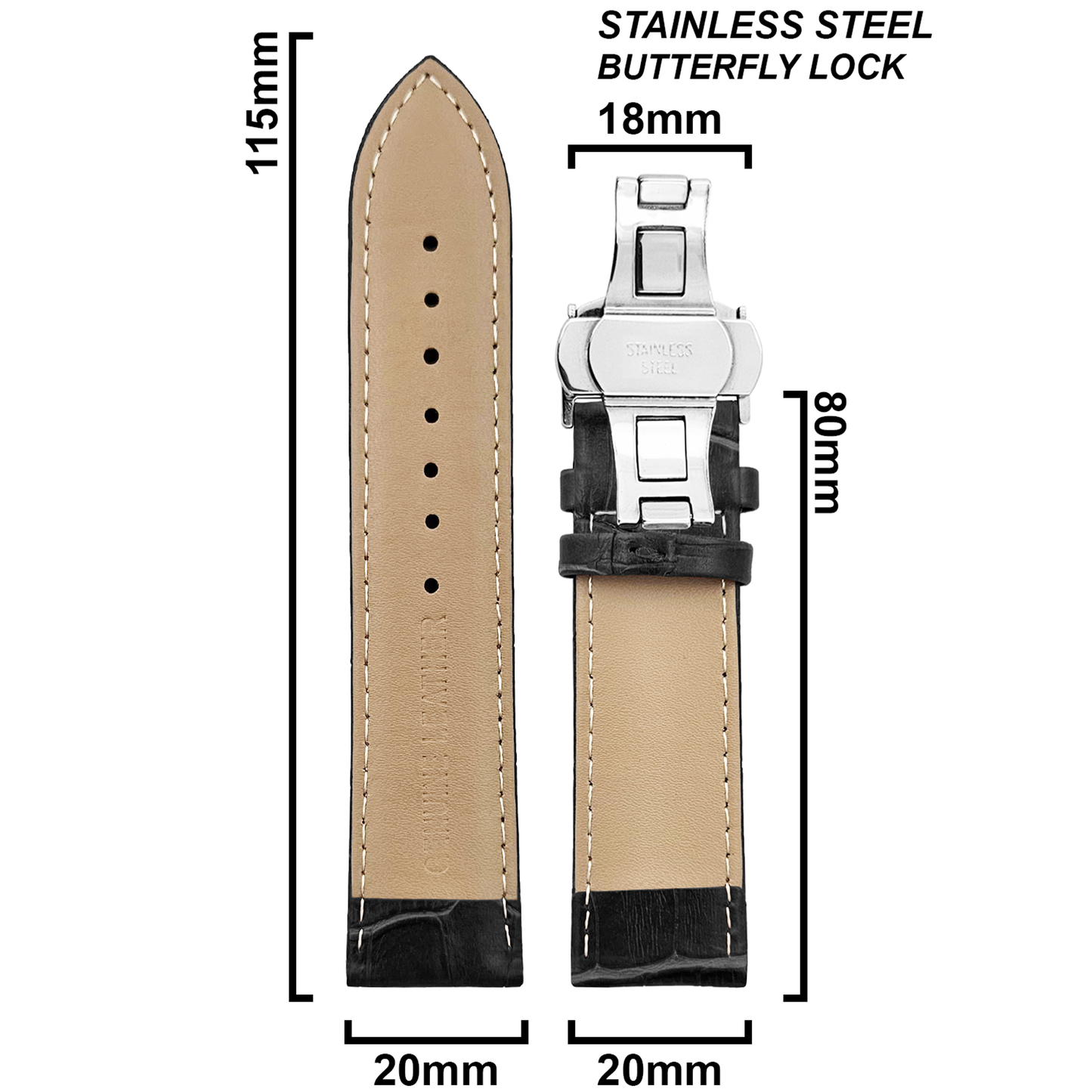 DBLACK [HOOK] CROCO DESIGN W/ BUTTERFLY LOCK, LEATHER STRAP