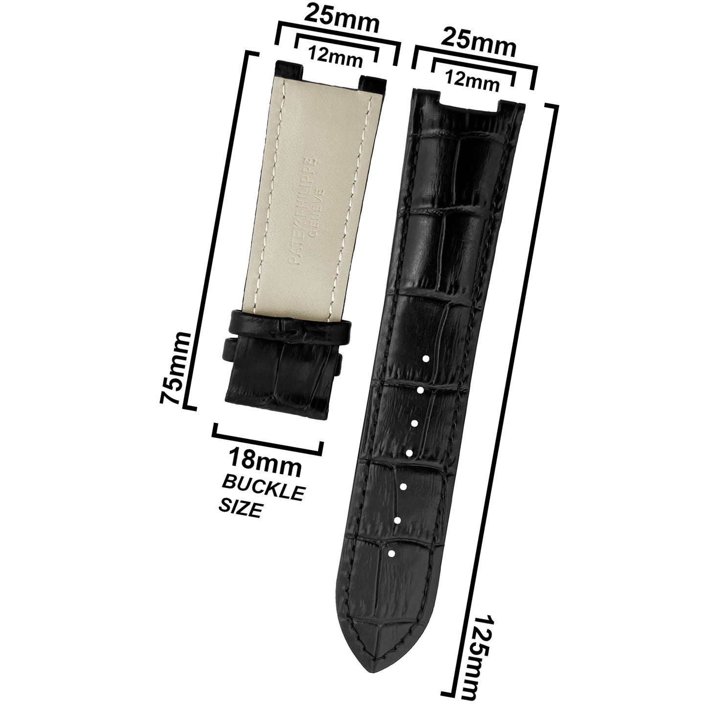 DBLACK [PKPDS1] 25MM CROCO DESIGN, LEATHER WATCH STRAP // FOR PATEK PHILIPPE WATCHES