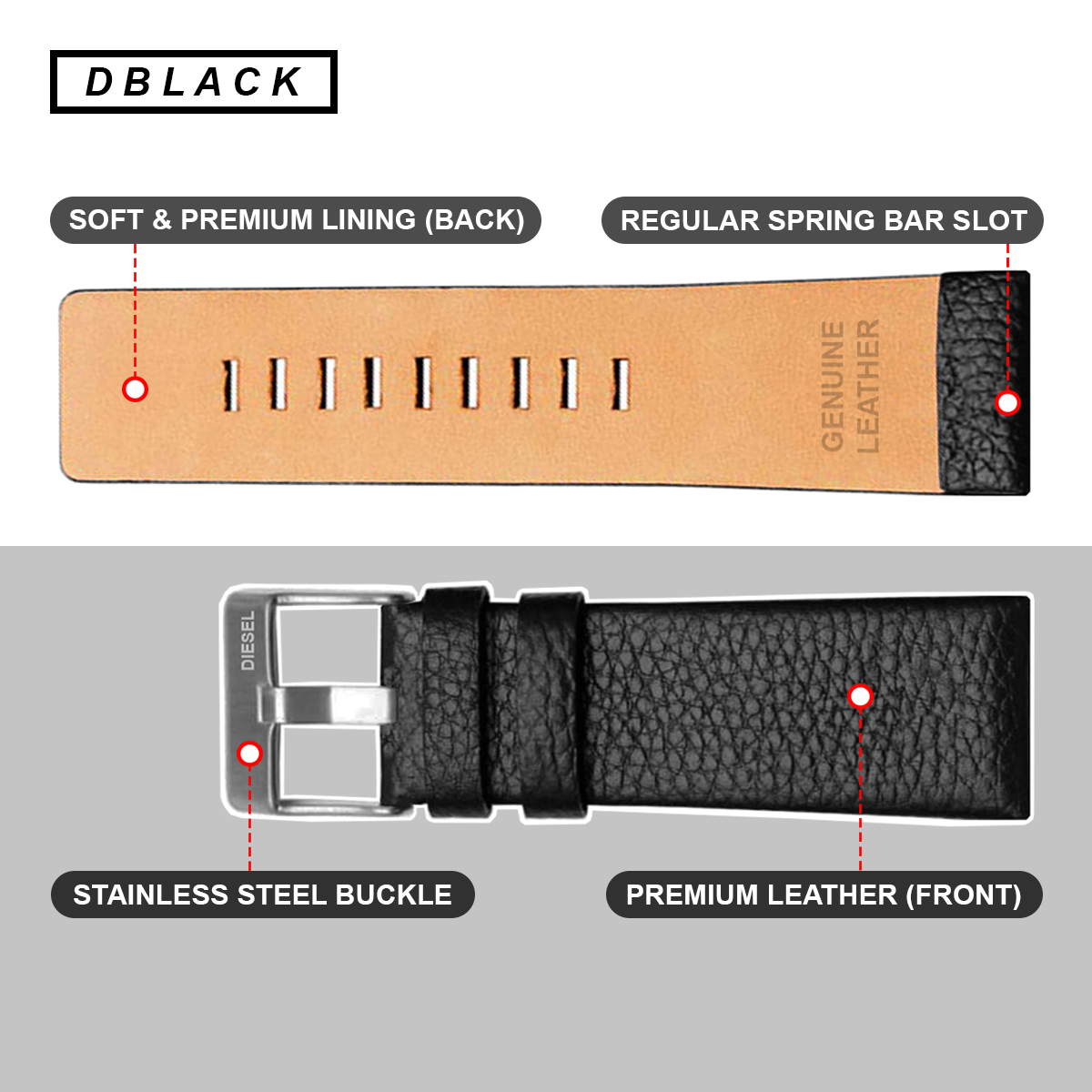 DBLACK [DSLDS2] PEBBLE DESIGN, LEATHER WATCH STRAP // FOR "DIESEL" WATCHES