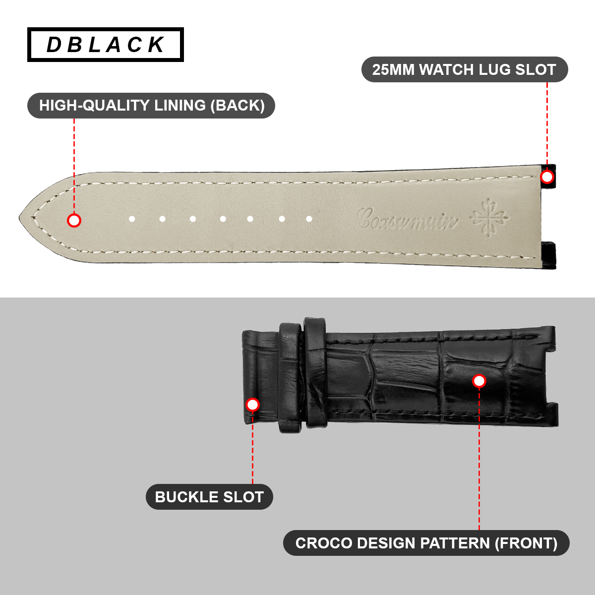 DBLACK [PKPDS1] 25MM CROCO DESIGN, LEATHER WATCH STRAP // FOR PATEK PHILIPPE WATCHES