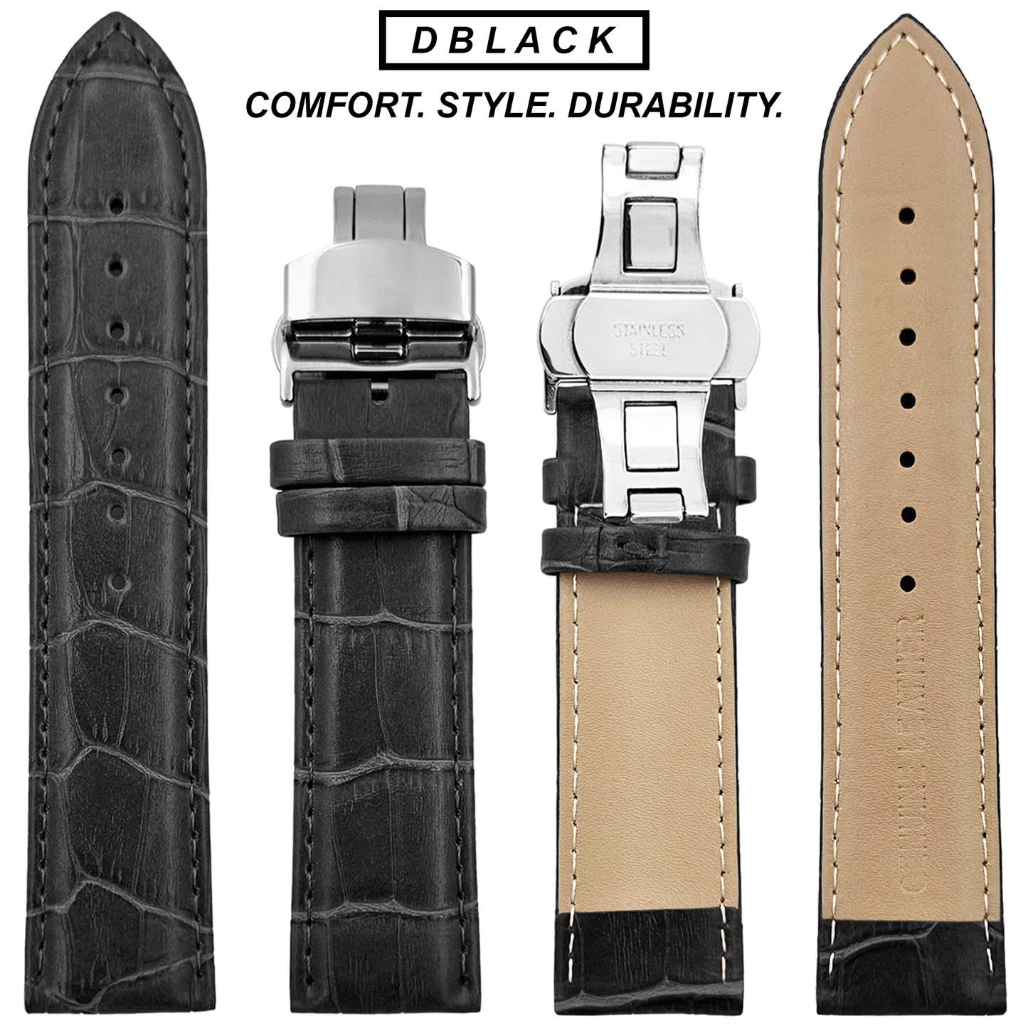 DBLACK [HOOK] CROCO DESIGN W/ BUTTERFLY LOCK, LEATHER STRAP