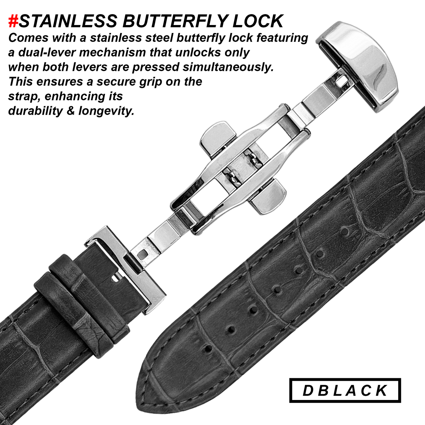 DBLACK [HOOK] CROCO DESIGN W/ BUTTERFLY LOCK, LEATHER STRAP