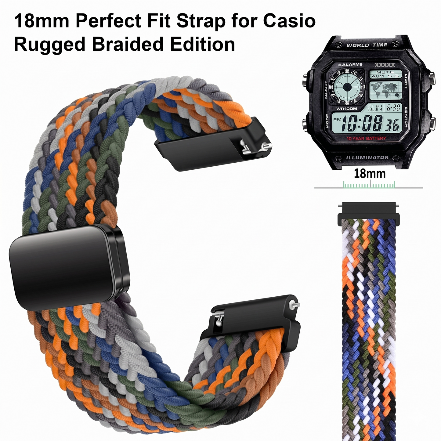 DBLACK [SKYPIEA] 18MM NYLON WOVEN BRAIDED WATCH STRAP // FOR "CASIO" AE-1200WH, W-216H & OTHER MODELS