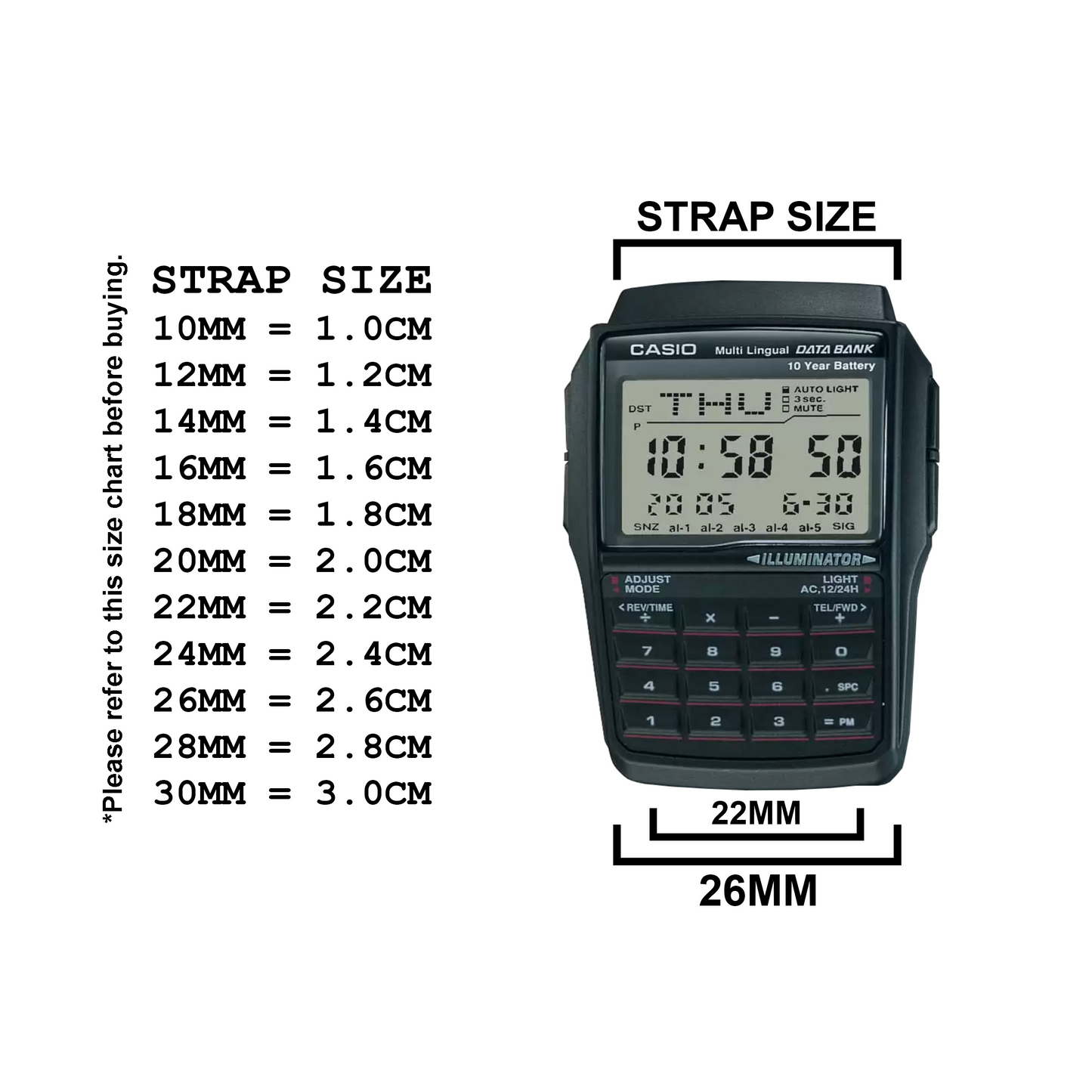DBLACK [CDS14] 22MM RESIN WATCH STRAP (BLACK) // "SUITABLE FOR CASIO DBC-32 WATCH"
